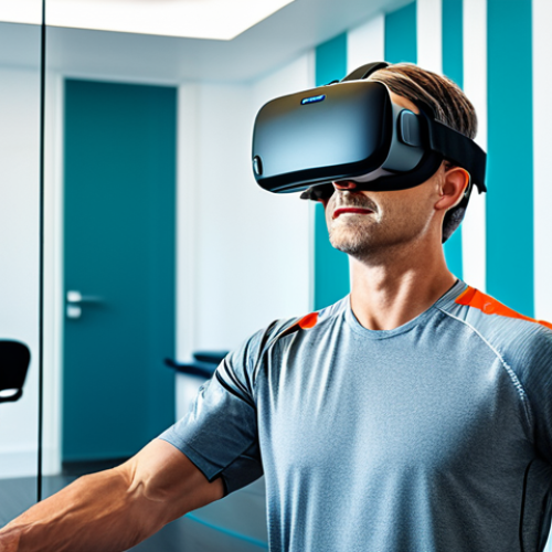 Home 14 A professional adult patient wearing a virtual reality headset, fully clothed in modest athletic wear, performing a rehabilitation exercise in a modern, brightly lit therapy room. The patient exhibits perfect anatomy and natural proportions with a natural pose, and the image subtly conveys the immersive virtual environment through reflections or the patient's engaged expression. The setting emphasizes professional medical care and innovative technology, ensuring safe for work and appropriate content.