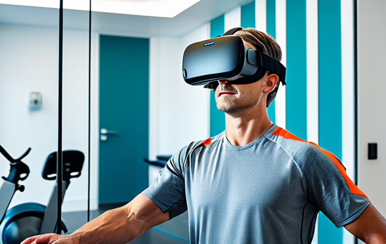 A professional adult patient wearing a virtual reality headset, fully clothed in modest athletic wear, performing a rehabilitation exercise in a modern, brightly lit therapy room. The patient exhibits perfect anatomy and natural proportions with a natural pose, and the image subtly conveys the immersive virtual environment through reflections or the patient's engaged expression. The setting emphasizes professional medical care and innovative technology, ensuring safe for work and appropriate content.
