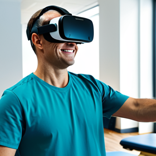 Home 7 A focused adult patient, fully clothed in comfortable athletic wear and modest clothing, wearing a virtual reality headset. The patient is subtly smiling, actively engaged in a natural pose, extending an arm as if interacting with a virtual object, demonstrating concentration and enjoyment. In the background, a modern, bright rehabilitation center suggests the real setting, while the virtual experience is hinted at by light reflections or subtle, serene digital forest visuals around the headset. Professional photography, high-resolution, realistic, perfect anatomy, correct proportions, well-formed hands, proper finger count, natural body proportions, professional dress, appropriate attire, safe for work, appropriate content, fully clothed, family-friendly.