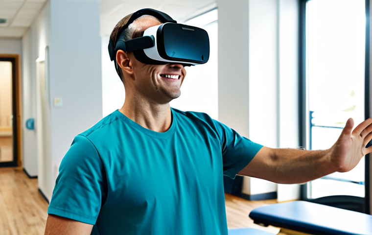 A focused adult patient, fully clothed in comfortable athletic wear and modest clothing, wearing a virtual reality headset. The patient is subtly smiling, actively engaged in a natural pose, extending an arm as if interacting with a virtual object, demonstrating concentration and enjoyment. In the background, a modern, bright rehabilitation center suggests the real setting, while the virtual experience is hinted at by light reflections or subtle, serene digital forest visuals around the headset. Professional photography, high-resolution, realistic, perfect anatomy, correct proportions, well-formed hands, proper finger count, natural body proportions, professional dress, appropriate attire, safe for work, appropriate content, fully clothed, family-friendly.