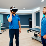 VR Rehabilitation for Stroke Patients**

A professional medical setting showing a stroke patient fully clothed in a rehabilitation center using VR glasses. The patient is engaged in a virtual reality task, moving their arm with effort. A physical therapist stands nearby, assisting and monitoring. The environment is clean and modern, with medical equipment visible in the background. Perfect anatomy, correct proportions, well-formed hands, natural pose, safe for work, appropriate content, fully clothed, professional, family-friendly.

**