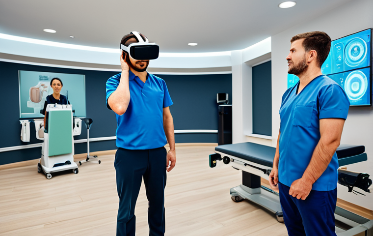 VR Rehabilitation for Stroke Patients**
A professional medical setting showing a stroke patient fully clothed in a rehabilitation center using VR glasses. The patient is engaged in a virtual reality task, moving their arm with effort. A physical therapist stands nearby, assisting and monitoring. The environment is clean and modern, with medical equipment visible in the background. Perfect anatomy, correct proportions, well-formed hands, natural pose, safe for work, appropriate content, fully clothed, professional, family-friendly.
**