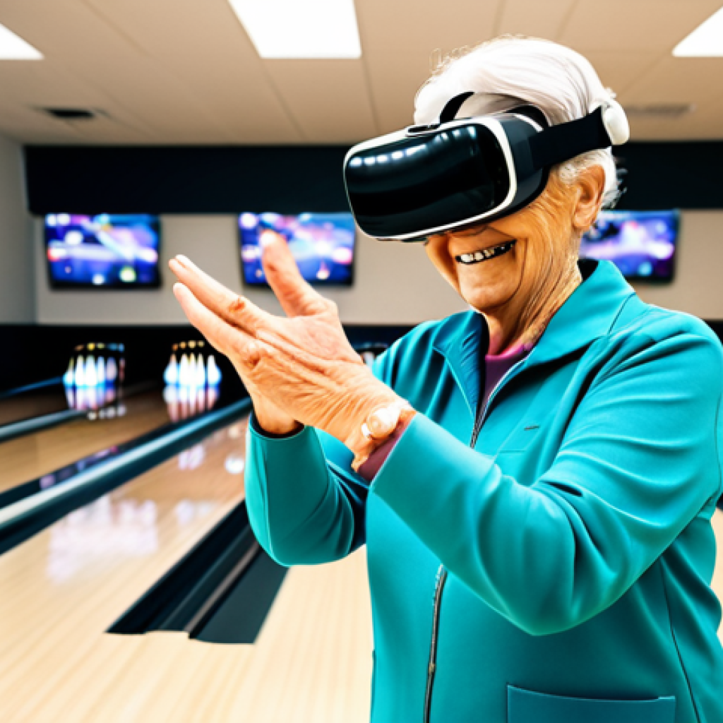A fully clothed elderly woman smiling, participating in a VR rehabilitation session, playing a virtual bowling game in a bright, modern rehabilitation center. She's wearing modest, comfortable clothing. Safe for work, appropriate content, professional setting, perfect anatomy, correct proportions, natural pose, well-formed hands, proper finger count, high quality, family-friendly.