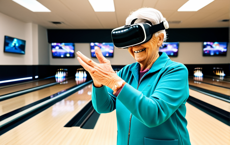 A fully clothed elderly woman smiling, participating in a VR rehabilitation session, playing a virtual bowling game in a bright, modern rehabilitation center. She's wearing modest, comfortable clothing. Safe for work, appropriate content, professional setting, perfect anatomy, correct proportions, natural pose, well-formed hands, proper finger count, high quality, family-friendly.