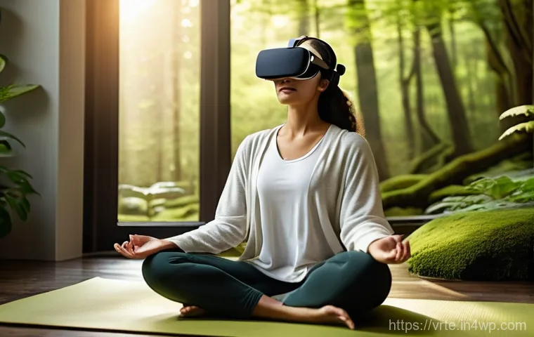 VR 기반 운동 치료 프로그램 - **A Serene Escape for Mindful Relaxation:** A young adult, dressed in comfortable, modest loungewear...