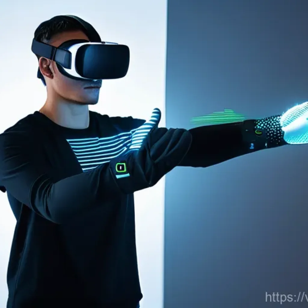 가상현실 재활치료를 위한 사용자 인터페이스 설계 - **Image Prompt 1: Haptic Feedback in Immersive VR Rehabilitation**
A focused young adult, of non...