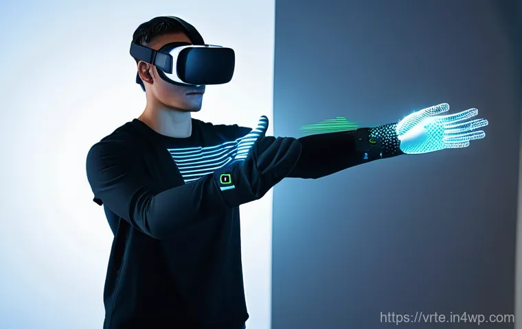 가상현실 재활치료를 위한 사용자 인터페이스 설계 - **Image Prompt 1: Haptic Feedback in Immersive VR Rehabilitation**
A focused young adult, of non...