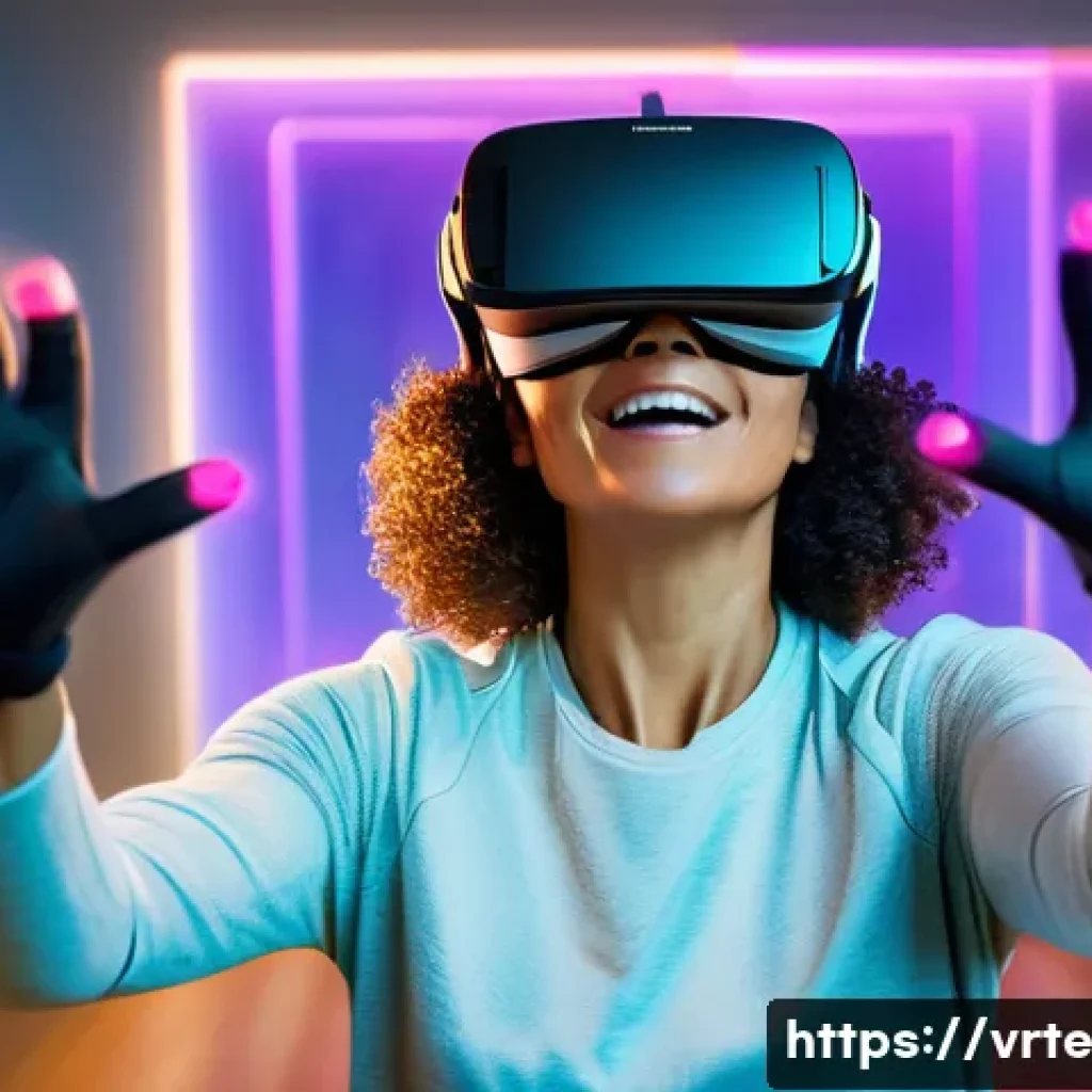 VR 재활치료의 환자 피드백 활용 방법 - **Prompt 1: Engaging VR Rehabilitation in a Dynamic Virtual World**
A happy, middle-aged woman, ...
