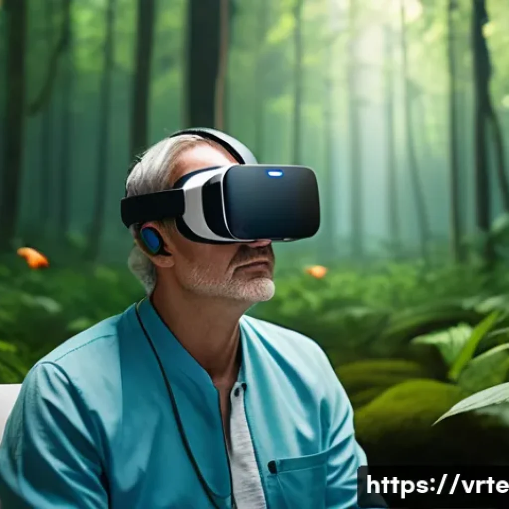 가상현실 재활치료의 불안 해소 효과 - A serene and immersive virtual reality therapy session showing a middle-aged patient wearing VR gogg...