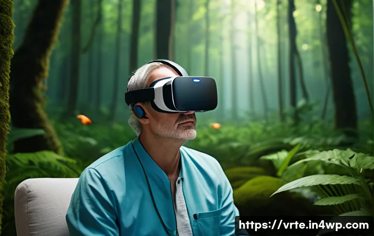 가상현실 재활치료의 불안 해소 효과 - A serene and immersive virtual reality therapy session showing a middle-aged patient wearing VR gogg...