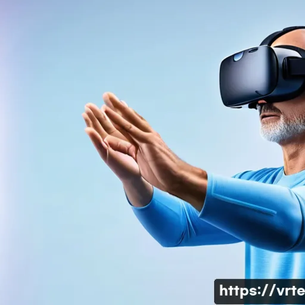 VR 재활치료의 글로벌 동향 - A middle-aged stroke patient wearing a comfortable VR headset and light exercise clothing, engaged i...