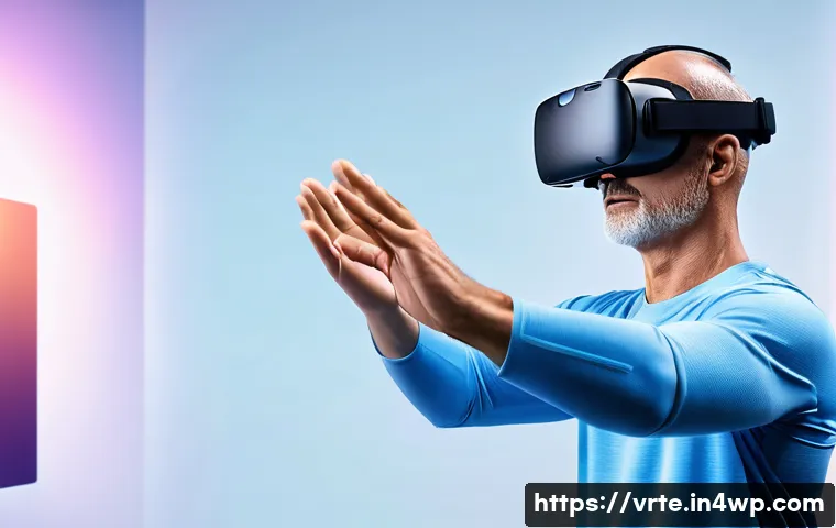 VR 재활치료의 글로벌 동향 - A middle-aged stroke patient wearing a comfortable VR headset and light exercise clothing, engaged i...