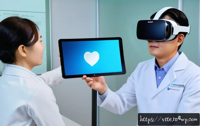 VR 재활치료의 기술적 요구 사항 - A high-tech VR rehabilitation therapy session in a modern clinical setting, featuring a middle-aged ...