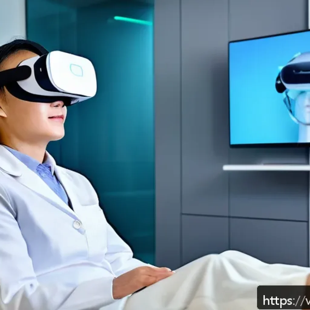 가상현실 재활치료의 원리 - A futuristic rehabilitation clinic room where a middle-aged patient wearing a comfortable VR headset...