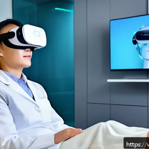 Home 33 가상현실 재활치료의 원리 - A futuristic rehabilitation clinic room where a middle-aged patient wearing a comfortable VR headset...
