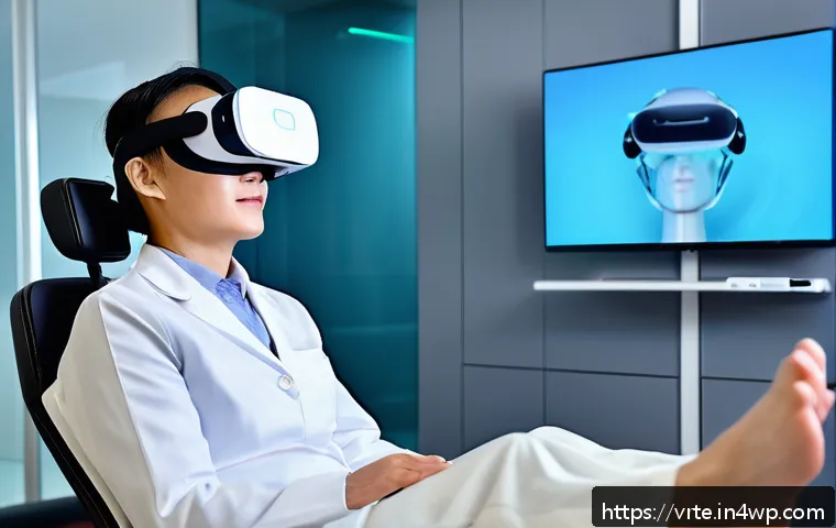 가상현실 재활치료의 원리 - A futuristic rehabilitation clinic room where a middle-aged patient wearing a comfortable VR headset...