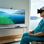Home 20 가상현실 재활치료의 커뮤니티 구축 전략 - A detailed scene showing a middle-aged stroke patient wearing comfortable clothing and a VR headset,...