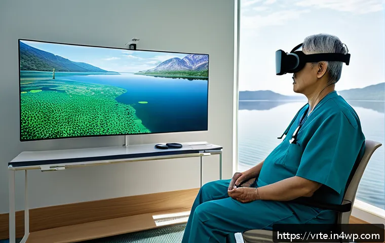 가상현실 재활치료의 커뮤니티 구축 전략 - A detailed scene showing a middle-aged stroke patient wearing comfortable clothing and a VR headset,...