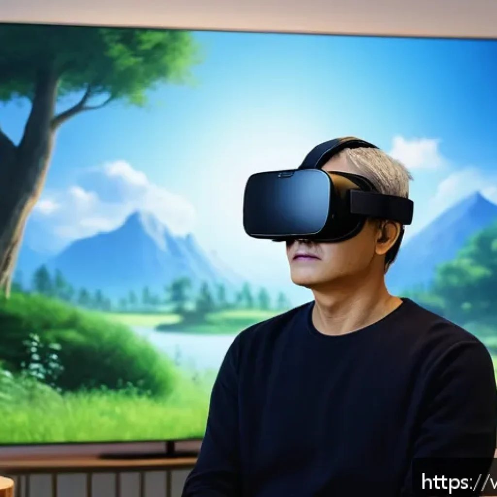 가상현실 재활치료의 감정 조절 기법 - A highly immersive virtual reality therapy session showing a middle-aged person wearing a VR headset...