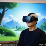 Home 19 가상현실 재활치료의 감정 조절 기법 - A highly immersive virtual reality therapy session showing a middle-aged person wearing a VR headset...