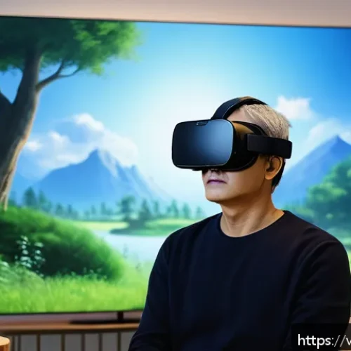 Home 31 가상현실 재활치료의 감정 조절 기법 - A highly immersive virtual reality therapy session showing a middle-aged person wearing a VR headset...