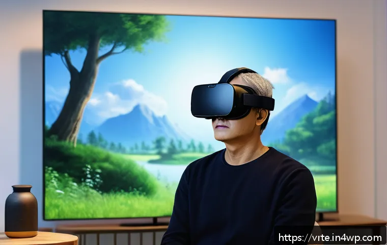 가상현실 재활치료의 감정 조절 기법 - A highly immersive virtual reality therapy session showing a middle-aged person wearing a VR headset...