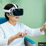 Home 18 VR 재활치료의 비전 - A middle-aged stroke patient wearing comfortable sportswear and a VR headset, engaged in a virtual r...