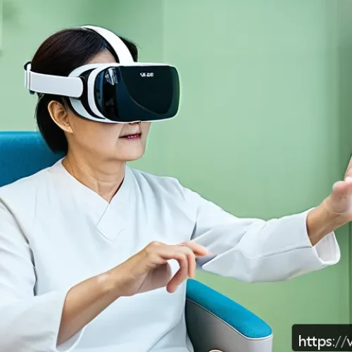 Home 30 VR 재활치료의 비전 - A middle-aged stroke patient wearing comfortable sportswear and a VR headset, engaged in a virtual r...