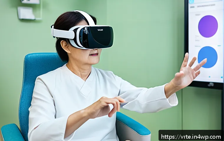 VR 재활치료의 비전 - A middle-aged stroke patient wearing comfortable sportswear and a VR headset, engaged in a virtual r...