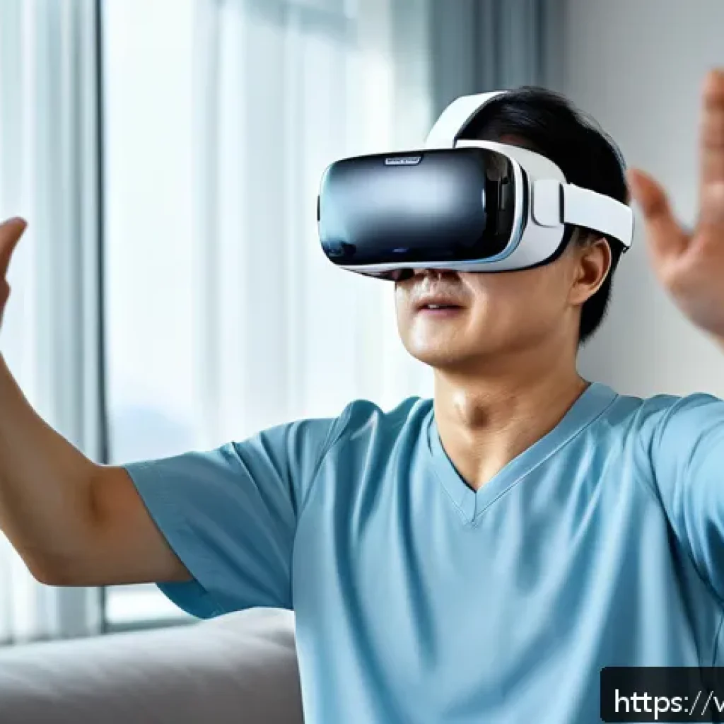 VR 재활치료의 인식 변화 - A middle-aged stroke patient wearing comfortable sportswear and VR headset engaged in immersive virt...