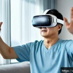 Home 23 VR 재활치료의 인식 변화 - A middle-aged stroke patient wearing comfortable sportswear and VR headset engaged in immersive virt...