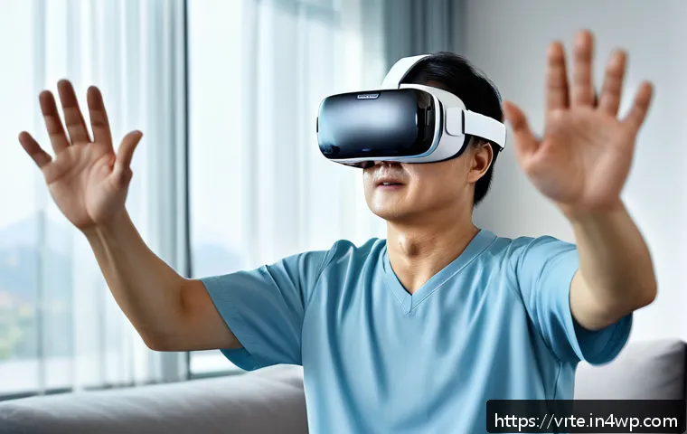 VR 재활치료의 인식 변화 - A middle-aged stroke patient wearing comfortable sportswear and VR headset engaged in immersive virt...