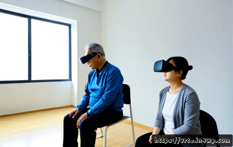 Home 17 가상현실 재활치료에서의 경과 관찰 - Photorealistic physical rehabilitation clinic, older adult wearing a lightweight virtual reality hea...