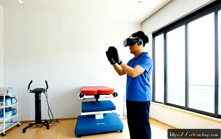 Home 17 VR 재활치료의 연구 동향 - Photorealistic rehabilitation clinic scene, middle-aged patient wearing a comfortable VR headset whi...